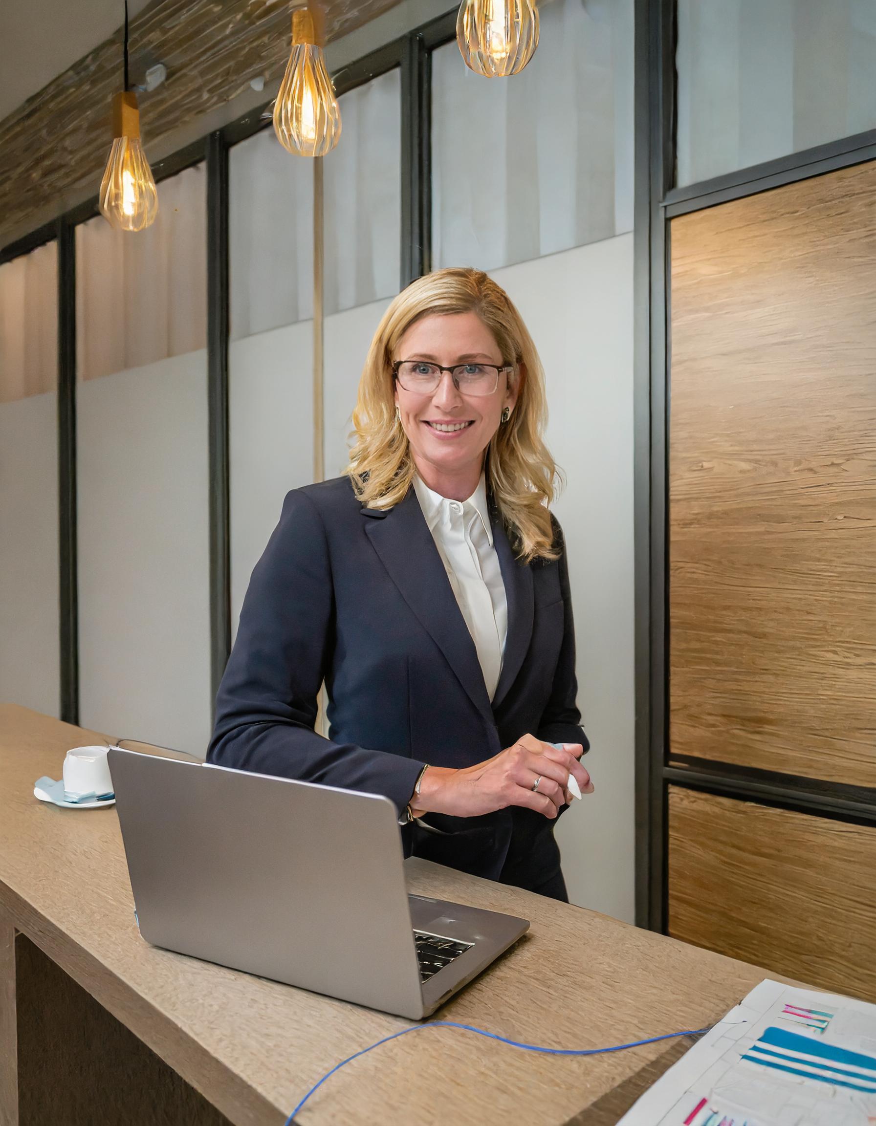 Frau, mittleren Alters, in einem kreativen Büro mit Designelementen im Hintergrund