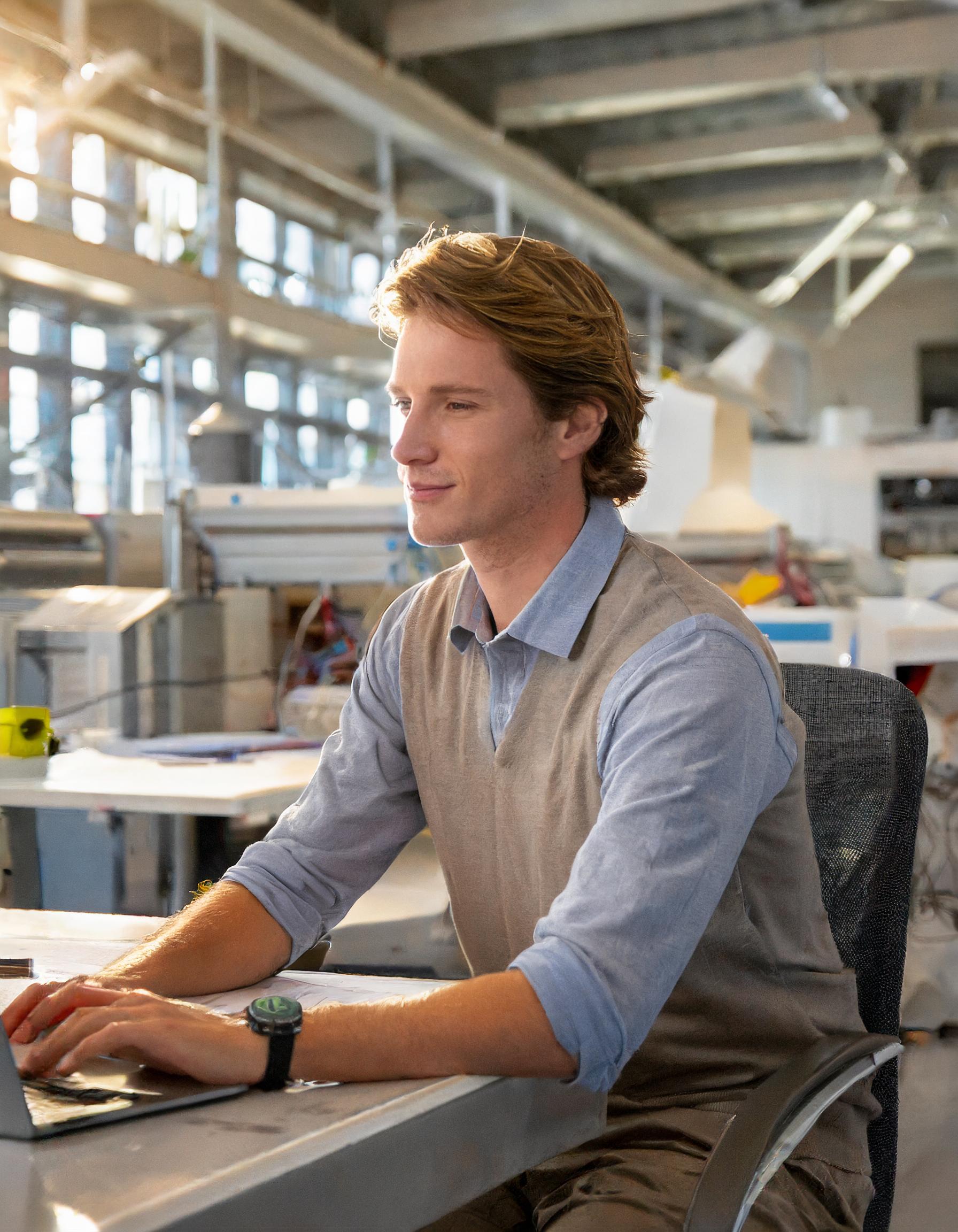 Mann, mittleren Alters, mit einem Laptop und Marketingmaterialien auf einem Schreibtisch